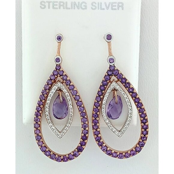 Genuine Amethyst & White Sapphire Dangling Earrings .925 Silver (Rose Tone)